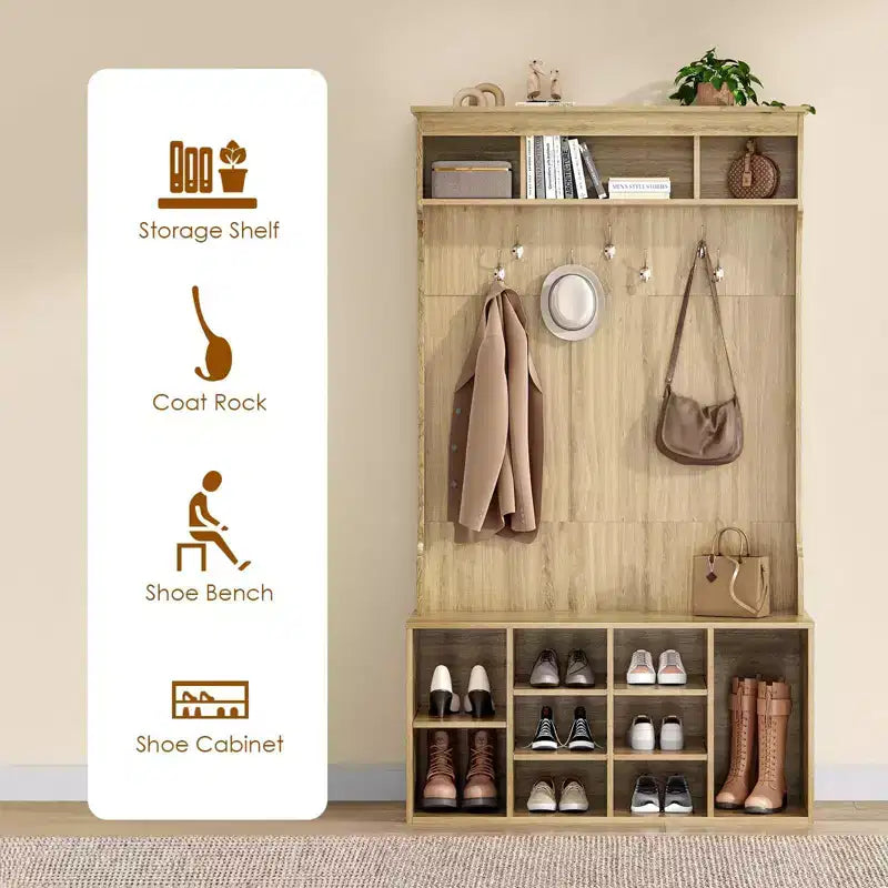 Meuble de rangement haut Okak 70,9 pouces avec banc et étagères, meuble d'entrée autoportant avec 7 patères, rangement à chaussures d'entrée