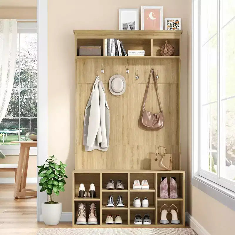 Meuble de rangement haut Okak 70,9 pouces avec banc et étagères, meuble d'entrée autoportant avec 7 patères, rangement à chaussures d'entrée