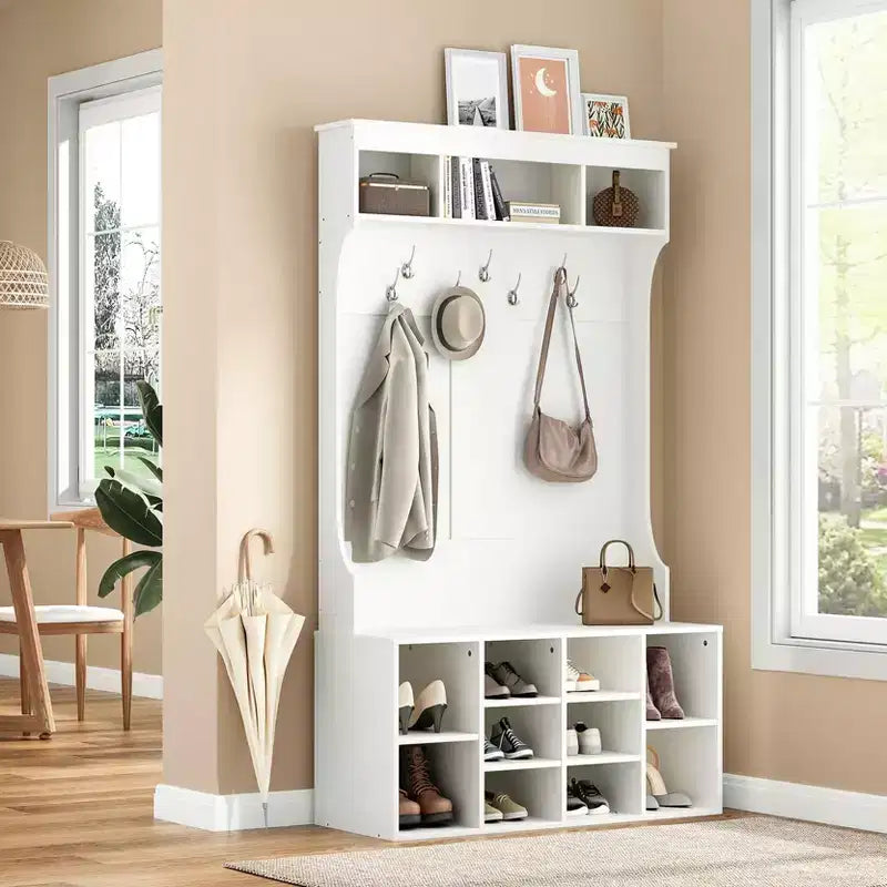 Meuble de rangement haut Okak 70,9 pouces avec banc et étagères, meuble d'entrée autoportant avec 7 patères, rangement à chaussures d'entrée