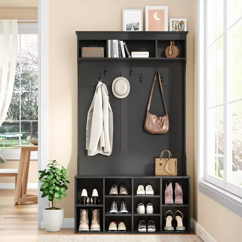 Meuble de rangement haut Okak 70,9 pouces avec banc et étagères, meuble d'entrée autoportant avec 7 patères, rangement à chaussures d'entrée