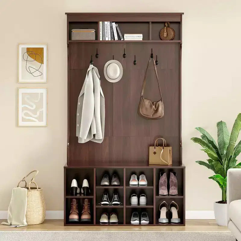 Meuble de rangement haut Okak 70,9 pouces avec banc et étagères, meuble d'entrée autoportant avec 7 patères, rangement à chaussures d'entrée