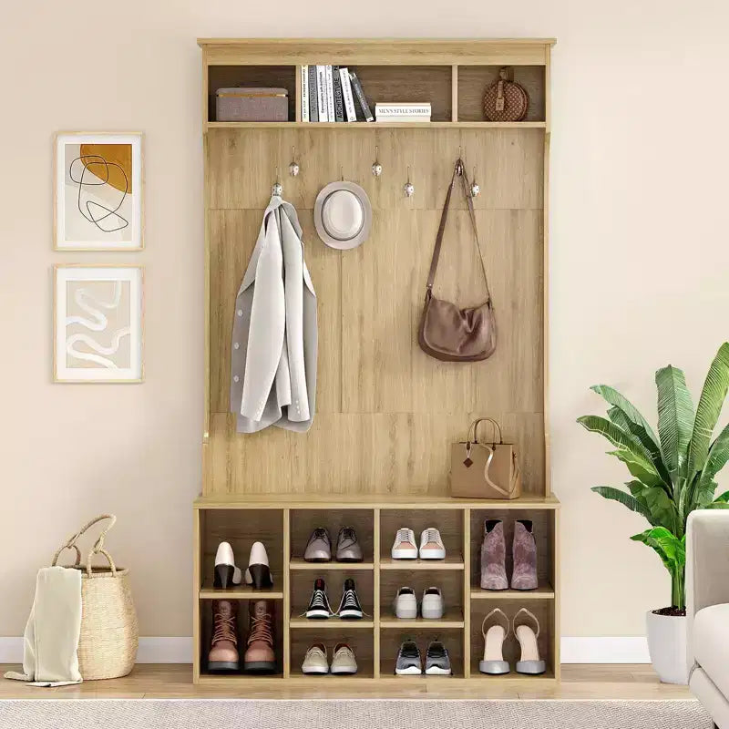 Meuble de rangement haut Okak 70,9 pouces avec banc et étagères, meuble d'entrée autoportant avec 7 patères, rangement à chaussures d'entrée