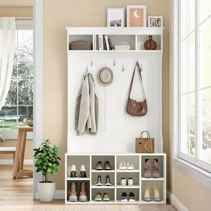 Meuble de rangement haut Okak 70,9 pouces avec banc et étagères, meuble d'entrée autoportant avec 7 patères, rangement à chaussures d'entrée