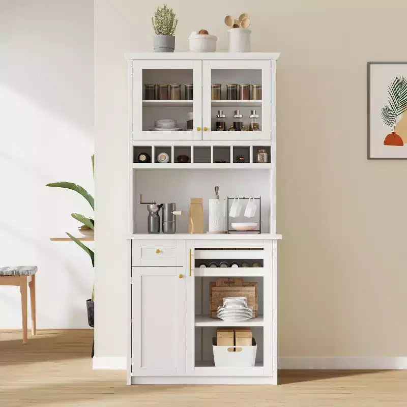 Meuble de rangement haut de cuisine de 190,5 cm avec portes vitrées, buffet autoportant pour cuisine, salle à manger ou salon - Panipeachy
