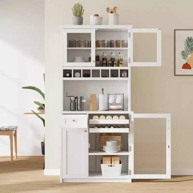 Meuble de rangement haut de cuisine de 190,5 cm avec portes vitrées, buffet autoportant pour cuisine, salle à manger ou salon - Panipeachy