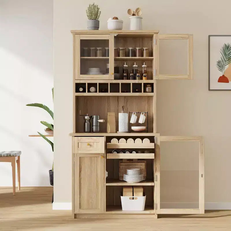 Meuble de rangement haut de cuisine de 190,5 cm avec portes vitrées, buffet autoportant pour cuisine, salle à manger ou salon - Panipeachy