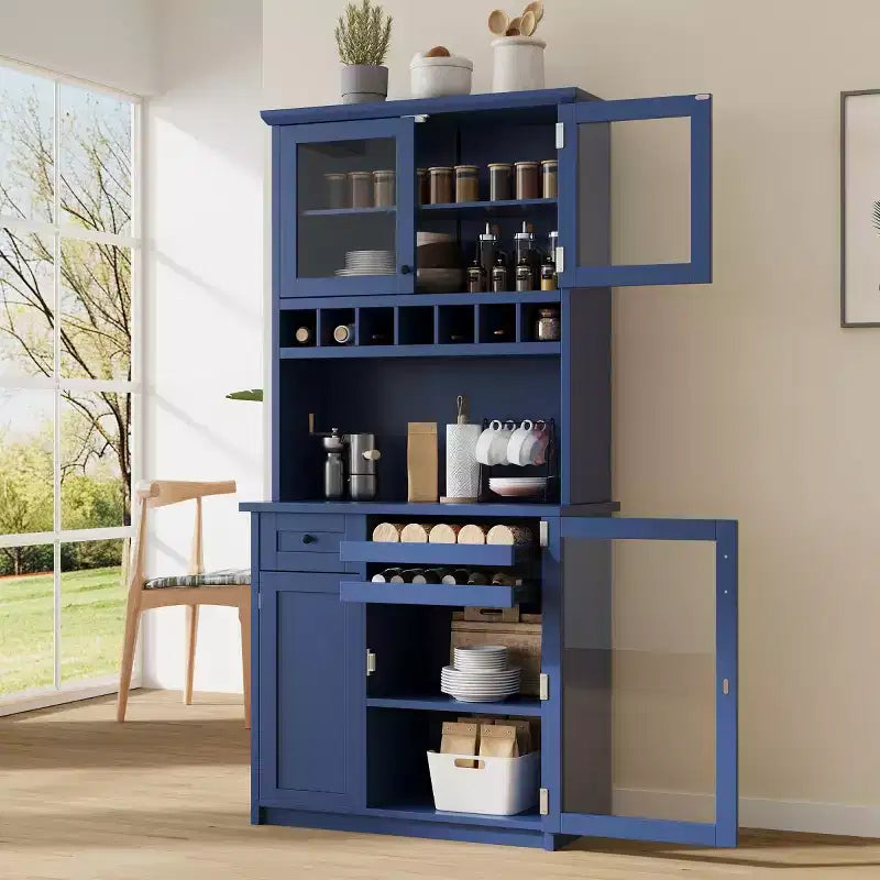 Meuble de rangement haut de cuisine de 190,5 cm avec portes vitrées, buffet autoportant pour cuisine, salle à manger ou salon - Panipeachy