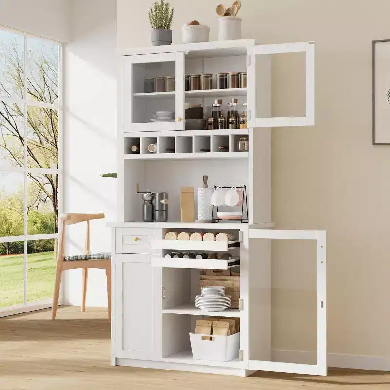 Meuble de rangement haut de cuisine de 190,5 cm avec portes vitrées, buffet autoportant pour cuisine, salle à manger ou salon - Panipeachy