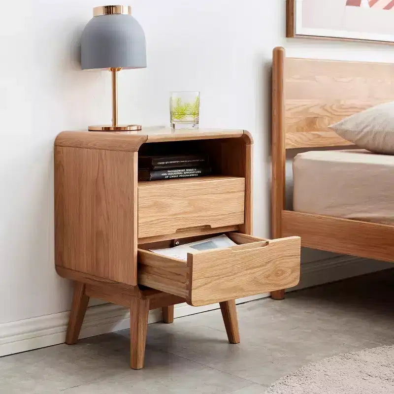 Table de chevet moderne en chêne massif avec 2 tiroirs, Table de chevet de style Mid-Century avec rangement, Table de chevet compacte en bois pour chambre à coucher - Panipeachy