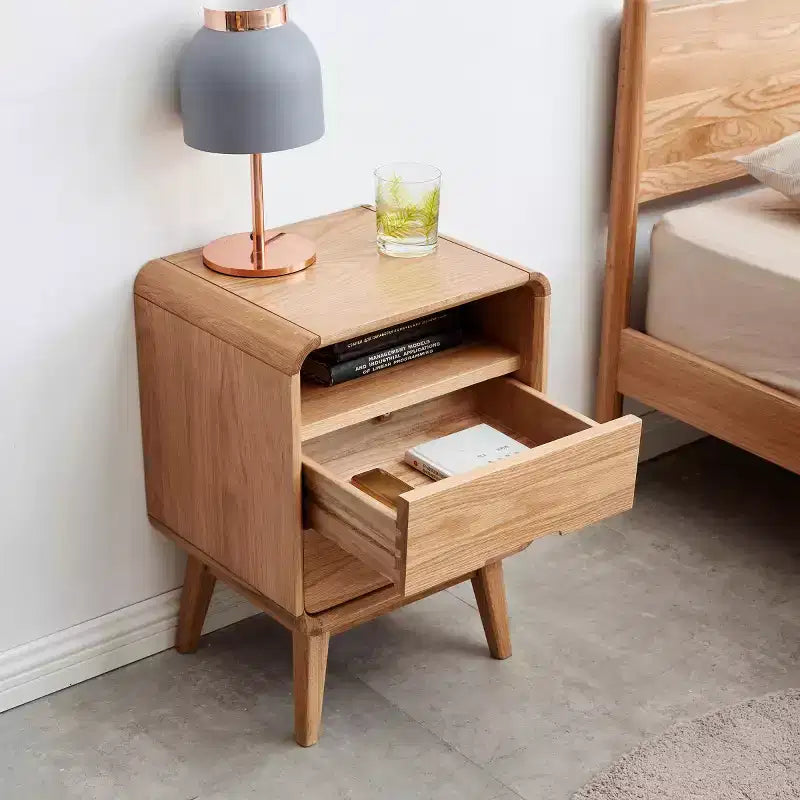 Table de chevet moderne en chêne massif avec 2 tiroirs, Table de chevet de style Mid-Century avec rangement, Table de chevet compacte en bois pour chambre à coucher - Panipeachy