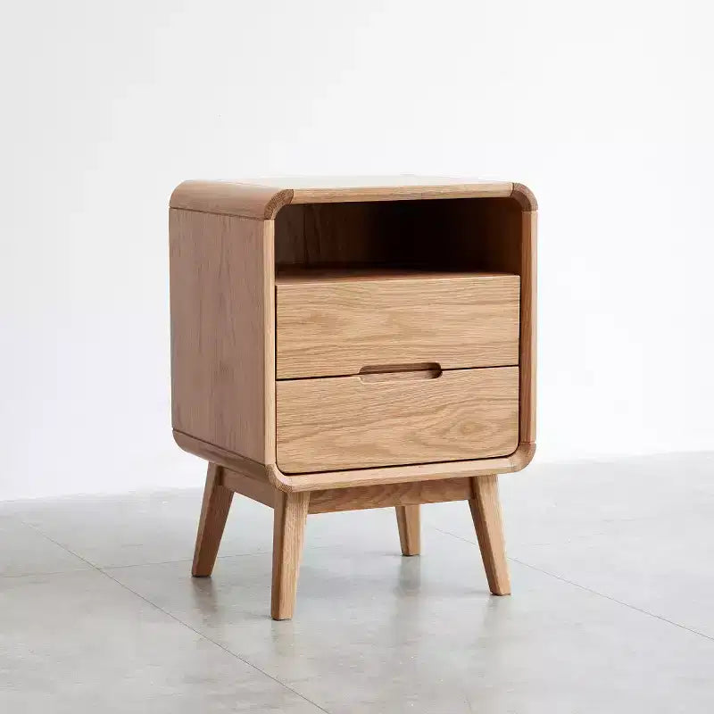 Table de chevet moderne en chêne massif avec 2 tiroirs, Table de chevet de style Mid-Century avec rangement, Table de chevet compacte en bois pour chambre à coucher - Panipeachy