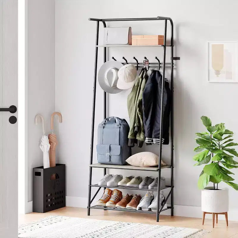 Acekool Portemanteau d'entrée 4-en-1 avec Étagère à Chaussures et Crochets, Cadre en Acier