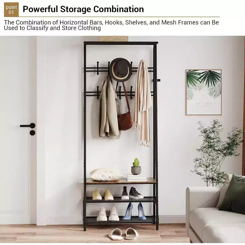 Acekool Portemanteau d'entrée 4-en-1 avec Étagère à Chaussures et Crochets, Cadre en Acier