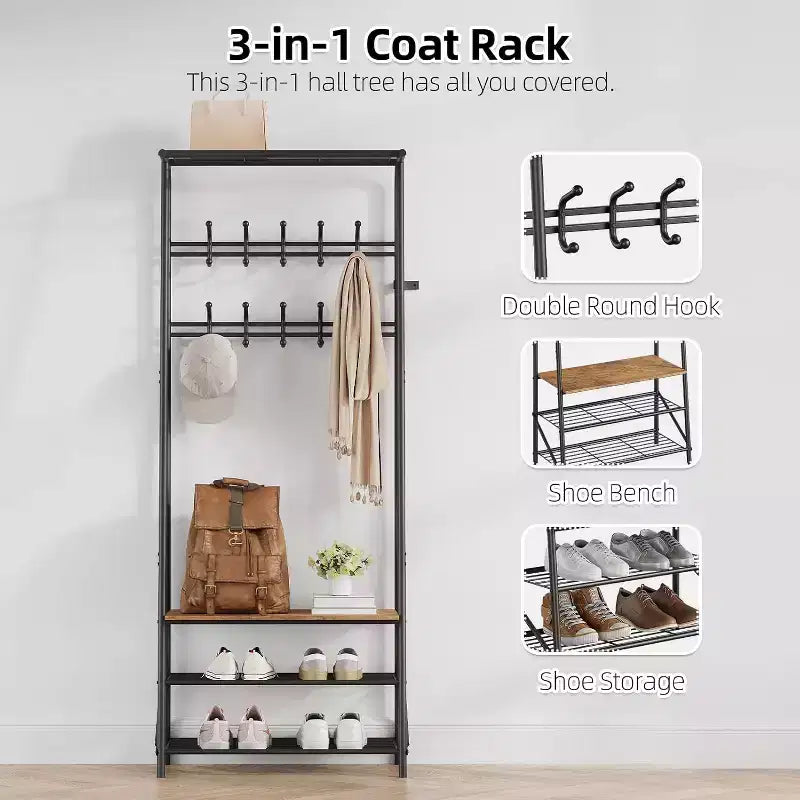 Acekool Portemanteau d'entrée 4-en-1 avec Étagère à Chaussures et Crochets, Cadre en Acier
