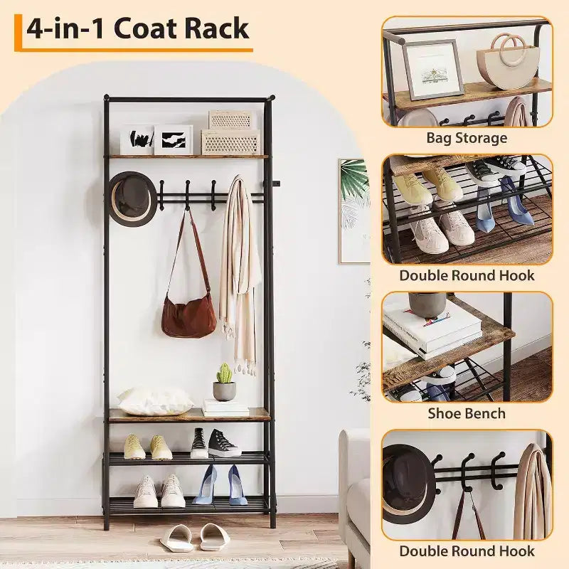 Acekool Portemanteau d'entrée 4-en-1 avec Étagère à Chaussures et Crochets, Cadre en Acier