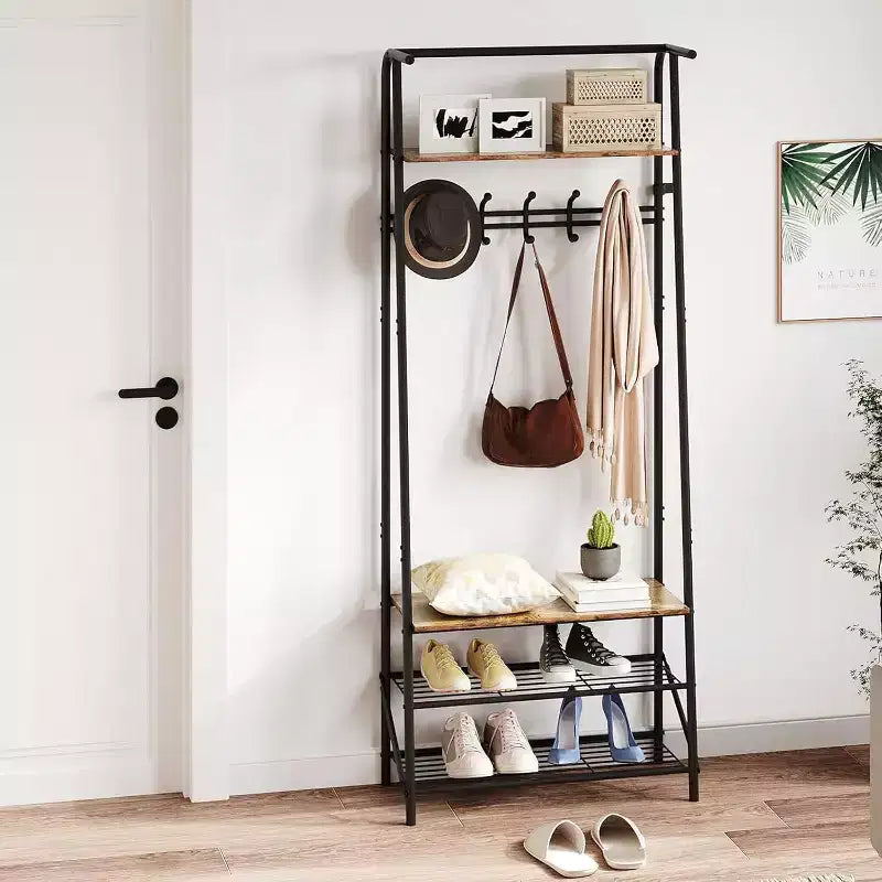 Acekool Portemanteau d'entrée 4-en-1 avec Étagère à Chaussures et Crochets, Cadre en Acier