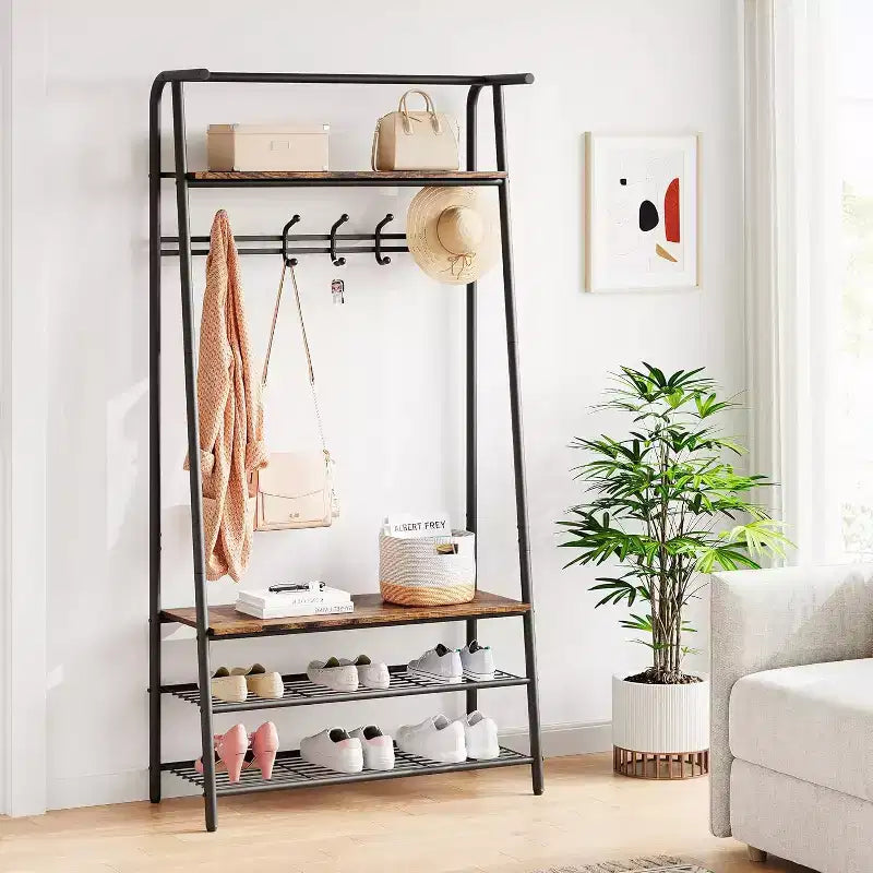Acekool Portemanteau d'entrée 4-en-1 avec Étagère à Chaussures et Crochets, Cadre en Acier