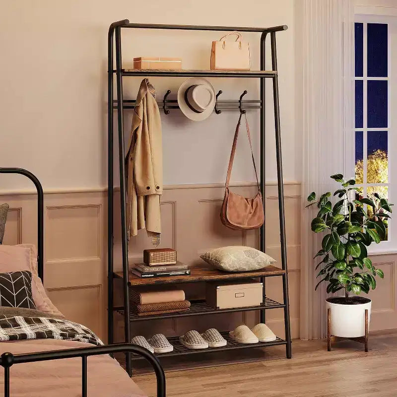 Acekool Portemanteau d'entrée 4-en-1 avec Étagère à Chaussures et Crochets, Cadre en Acier