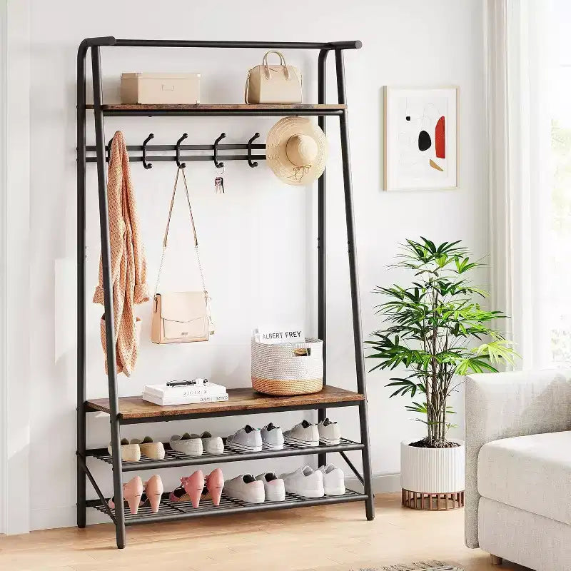 Acekool Portemanteau d'entrée 4-en-1 avec Étagère à Chaussures et Crochets, Cadre en Acier