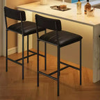 Set of 2 Counter Height Bar Stools with Footrest & Back - PU Leather Kitchen Barstools for Island, Counter, Apartment - Classic Black
