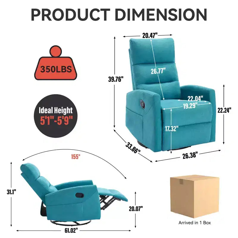 Fauteuil relax manuel avec fonction bascule et pivot en tissu, fauteuil d'appoint rembourré pour salon