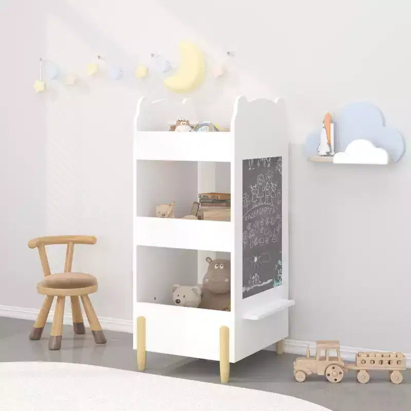 Kids Bookshelf with Chalkboard Side  Bear-Shaped Wooden Bookcase with 3-Tier Storage, Drawing Board for Toddlers, Toy and Book Organizer White