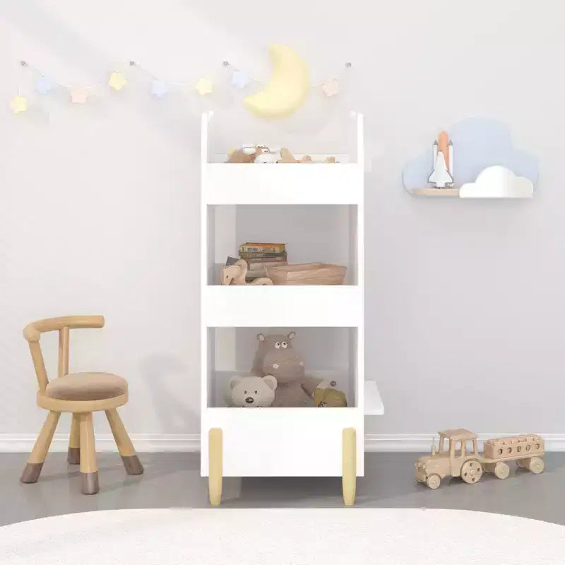 Étagère à Livres pour Enfants avec Côté Tableau Noir Bibliothèque en Bois en Forme d'Ours avec 3 Niveaux de Rangement, Tableau de Dessin pour Tout-Petits, Organisateur de Jouets et de Livres Blanc
