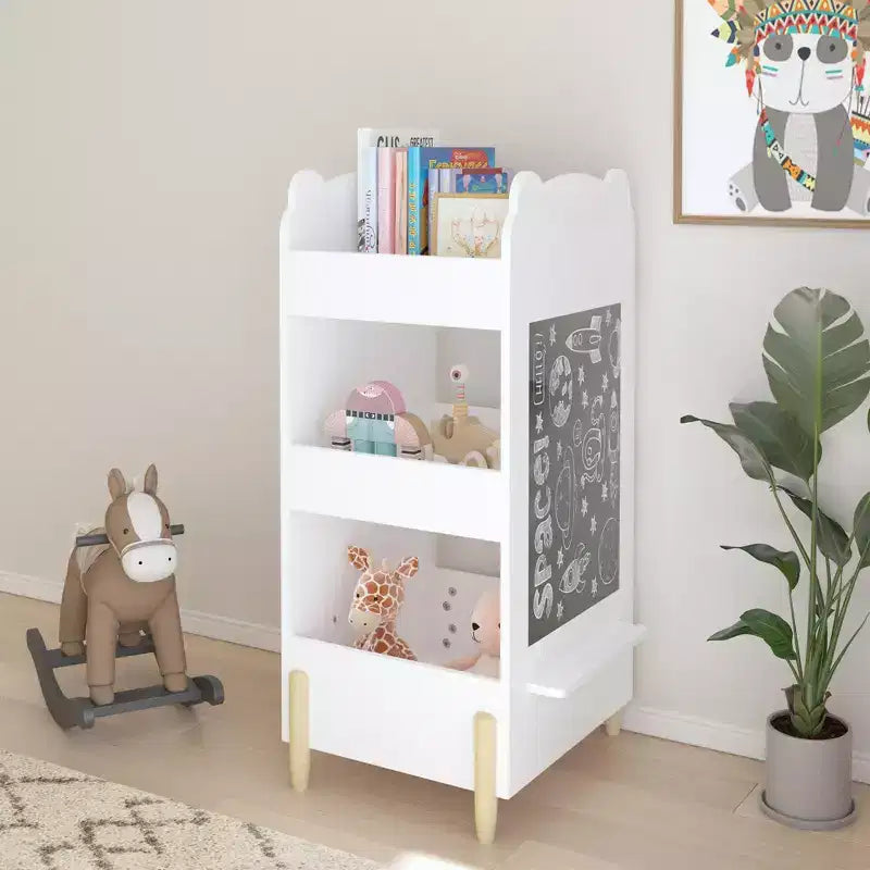 Étagère à Livres pour Enfants avec Côté Tableau Noir Bibliothèque en Bois en Forme d'Ours avec 3 Niveaux de Rangement, Tableau de Dessin pour Tout-Petits, Organisateur de Jouets et de Livres Blanc