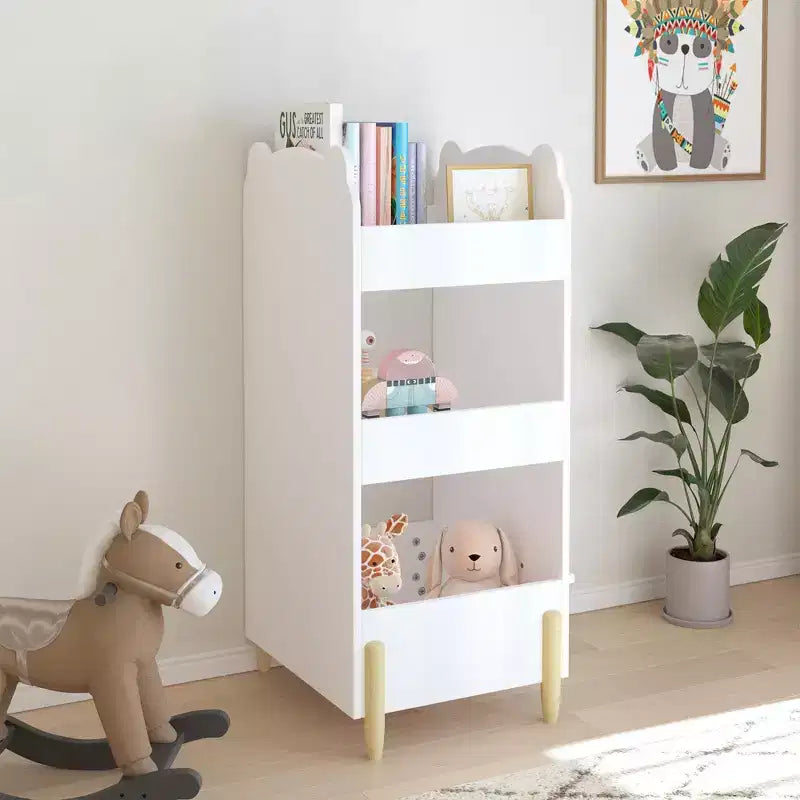 Étagère à Livres pour Enfants avec Côté Tableau Noir Bibliothèque en Bois en Forme d'Ours avec 3 Niveaux de Rangement, Tableau de Dessin pour Tout-Petits, Organisateur de Jouets et de Livres Blanc