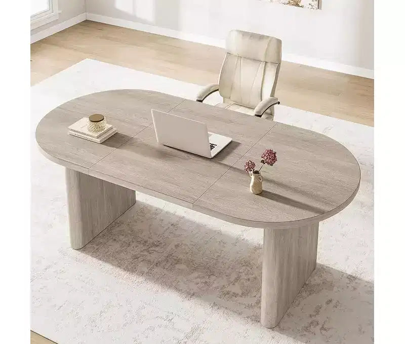 Grande table à manger ovale pour 4-8 personnes, piètement double en bois, design polyvalent moderne de style ferme pour cuisine, salon, bureau.