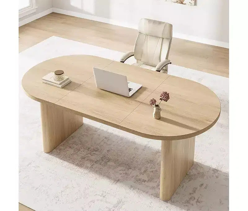 Grande table à manger ovale pour 4-8 personnes, piètement double en bois, design polyvalent moderne de style ferme pour cuisine, salon, bureau.