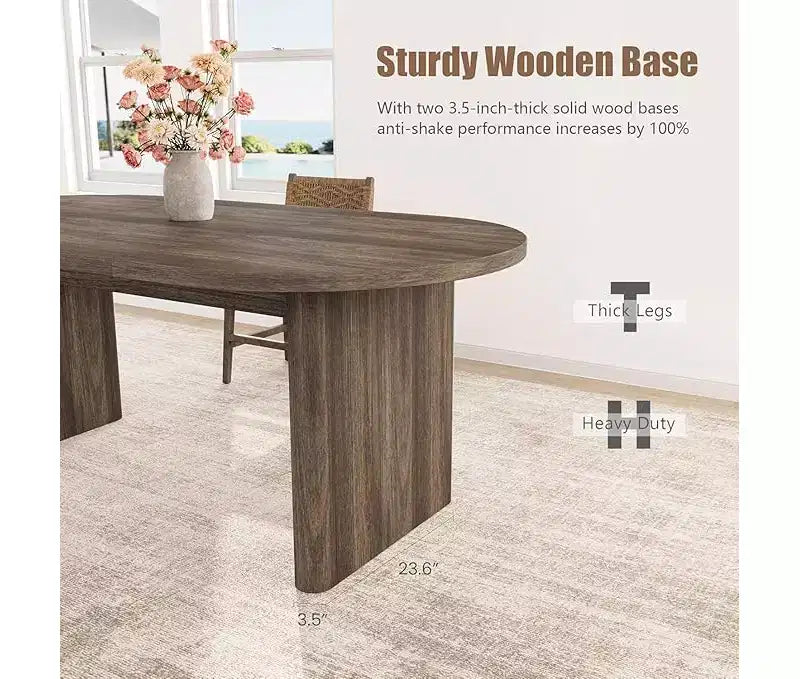 Grande table à manger ovale pour 4-8 personnes, piètement double en bois, design polyvalent moderne de style ferme pour cuisine, salon, bureau.