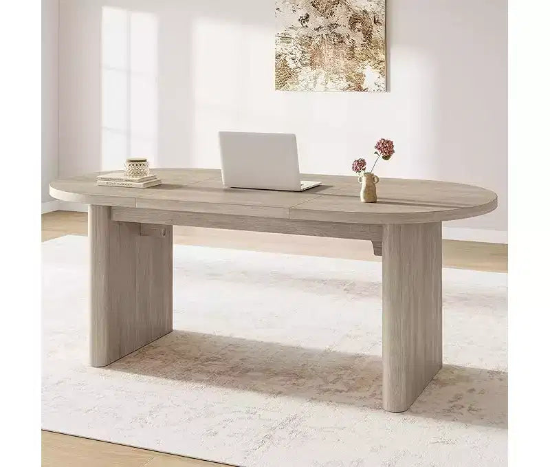 Grande table à manger ovale pour 4-8 personnes, piètement double en bois, design polyvalent moderne de style ferme pour cuisine, salon, bureau.