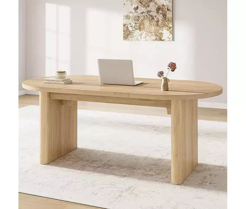 Grande table à manger ovale pour 4-8 personnes, piètement double en bois, design polyvalent moderne de style ferme pour cuisine, salon, bureau.