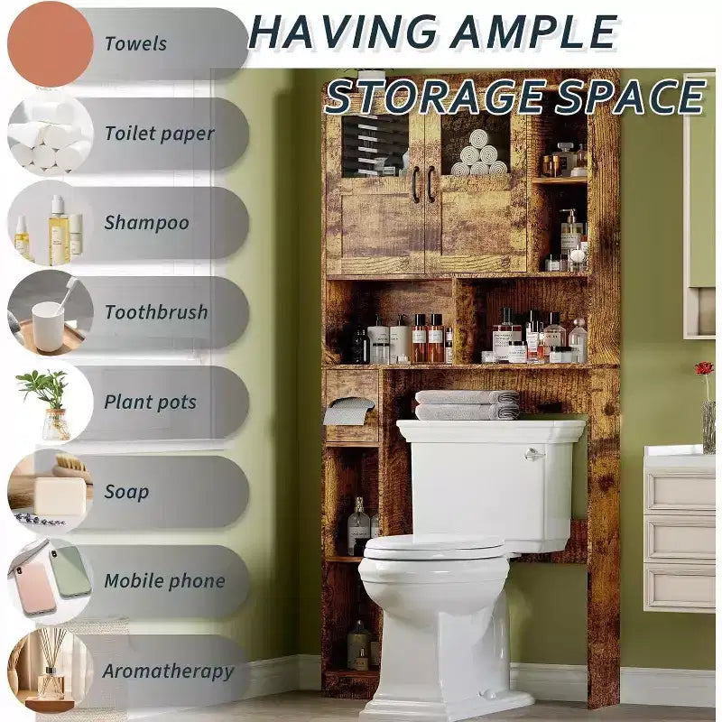 Meuble de rangement sur toilettes avec étagères réglables, armoire de salle de bain haute avec portes vitrées, organisateur de toilettes autoportant pour salle de bain