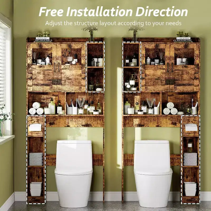 Meuble de rangement sur toilettes avec étagères réglables, armoire de salle de bain haute avec portes vitrées, organisateur de toilettes autoportant pour salle de bain