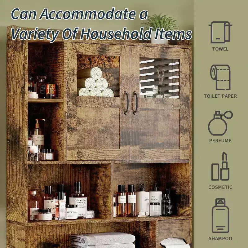 Meuble de rangement sur toilettes avec étagères réglables, armoire de salle de bain haute avec portes vitrées, organisateur de toilettes autoportant pour salle de bain