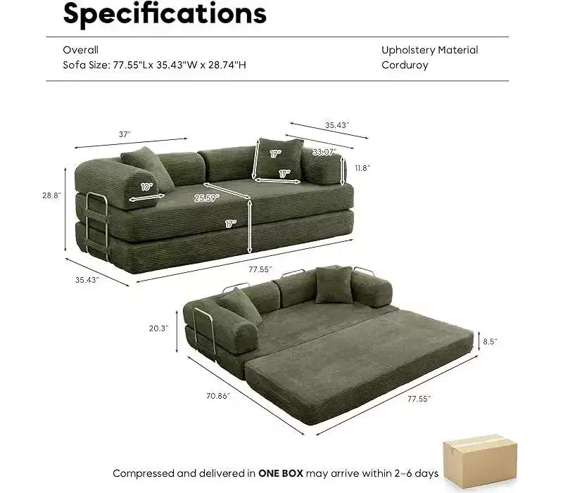 Plateforme de canapé-lit convertible, avec oreiller cylindrique et matelas pliant en velours côtelé, convient pour le salon, la chambre, le boudoir et le studio