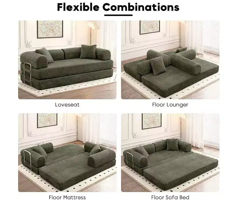 Plateforme de canapé-lit convertible, avec oreiller cylindrique et matelas pliant en velours côtelé, convient pour le salon, la chambre, le boudoir et le studio