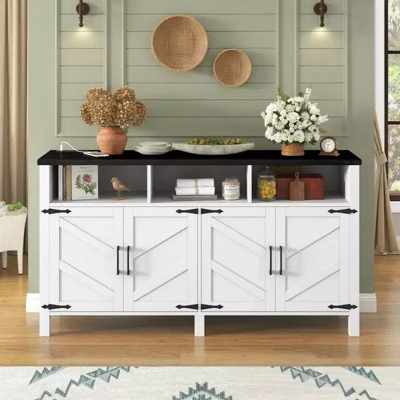 Bahut buffet de ferme moderne Merax à 4 portes avec ports de charge USB et étagères réglables