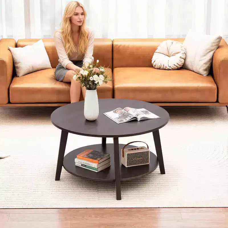 Table Basse Ronde FDW avec Rangement, Table d'Appoint Moderne à 2 Niveaux en Bois pour Salon, Chambre ou Bureau