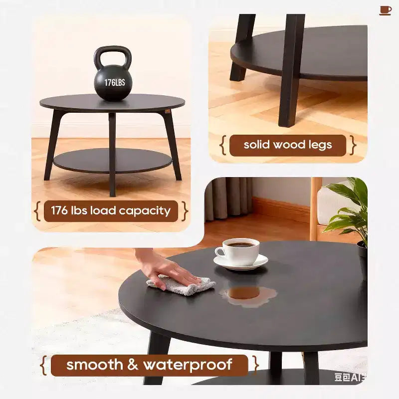 Table Basse Ronde FDW avec Rangement, Table d'Appoint Moderne à 2 Niveaux en Bois pour Salon, Chambre ou Bureau