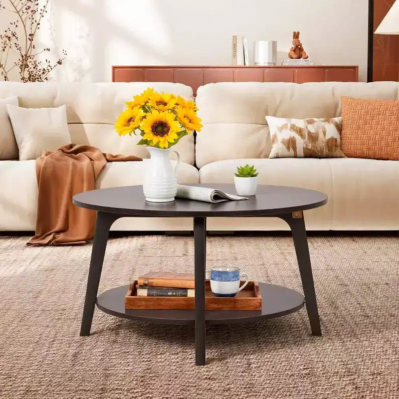 Table Basse Ronde FDW avec Rangement, Table d'Appoint Moderne à 2 Niveaux en Bois pour Salon, Chambre ou Bureau