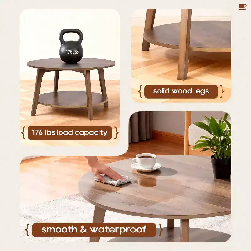 Table Basse Ronde FDW avec Rangement, Table d'Appoint Moderne à 2 Niveaux en Bois pour Salon, Chambre ou Bureau