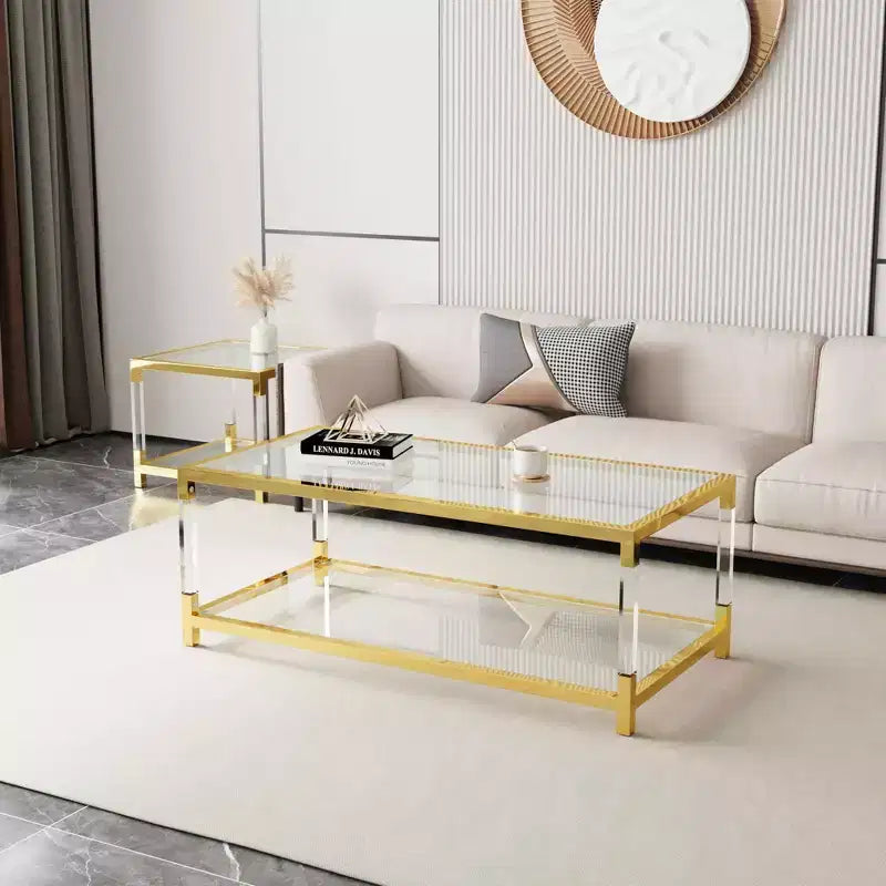 MAYEERTY Table basse moderne à pieds en acrylique, plateau en verre trempé double couche avec cadre en métal doré pour salon ou bureau