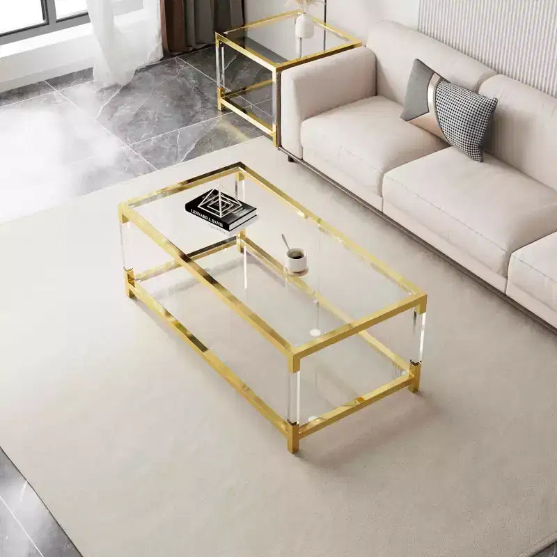 MAYEERTY Table basse moderne à pieds en acrylique, plateau en verre trempé double couche avec cadre en métal doré pour salon ou bureau