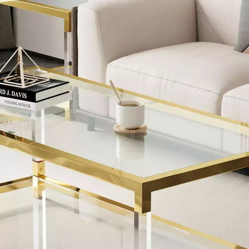 MAYEERTY Table basse moderne à pieds en acrylique, plateau en verre trempé double couche avec cadre en métal doré pour salon ou bureau