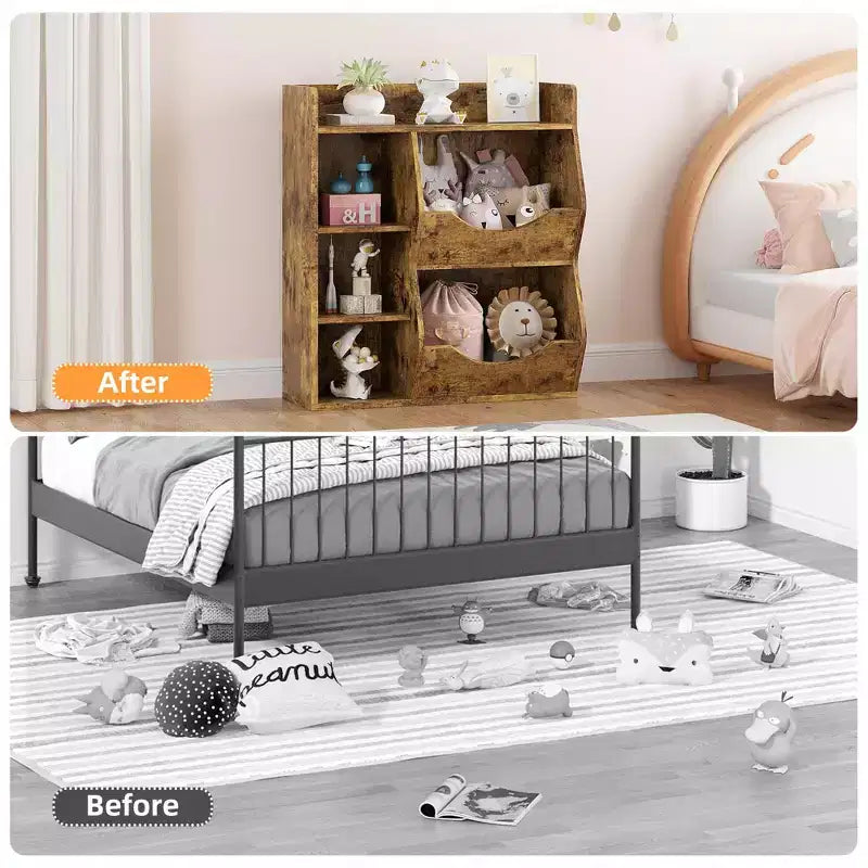 Organisateur de jouets à 3 niveaux pour enfants, étagère double face à 5 compartiments, étagère à livres et à jouets pour chambre d'enfant, salon et maternelle
