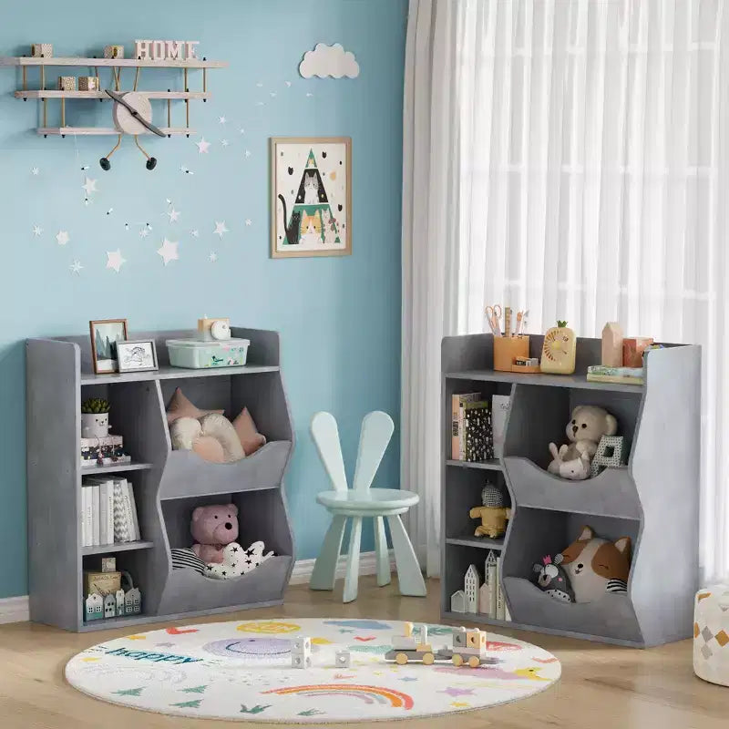 Organisateur de jouets à 3 niveaux pour enfants, étagère double face à 5 compartiments, étagère à livres et à jouets pour chambre d'enfant, salon et maternelle