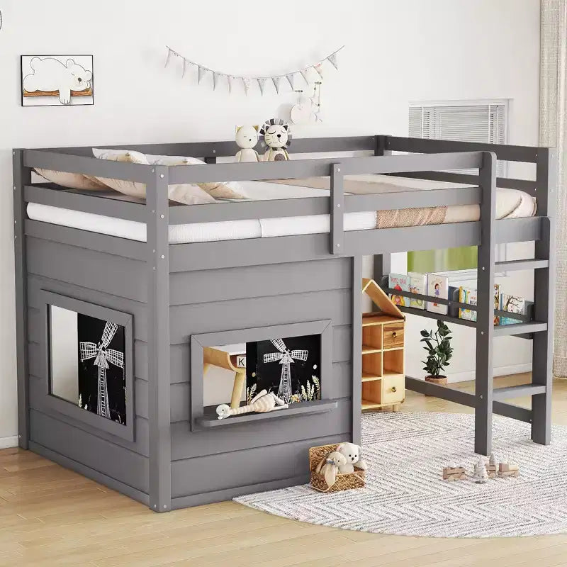 Lit mezzanine cabane TUYOHW pour enfants avec tableau noir, cadre de lit double en bois avec espace de jeu et étagère intégrée, superposé de style cabane en bois de pin pour garçons et filles